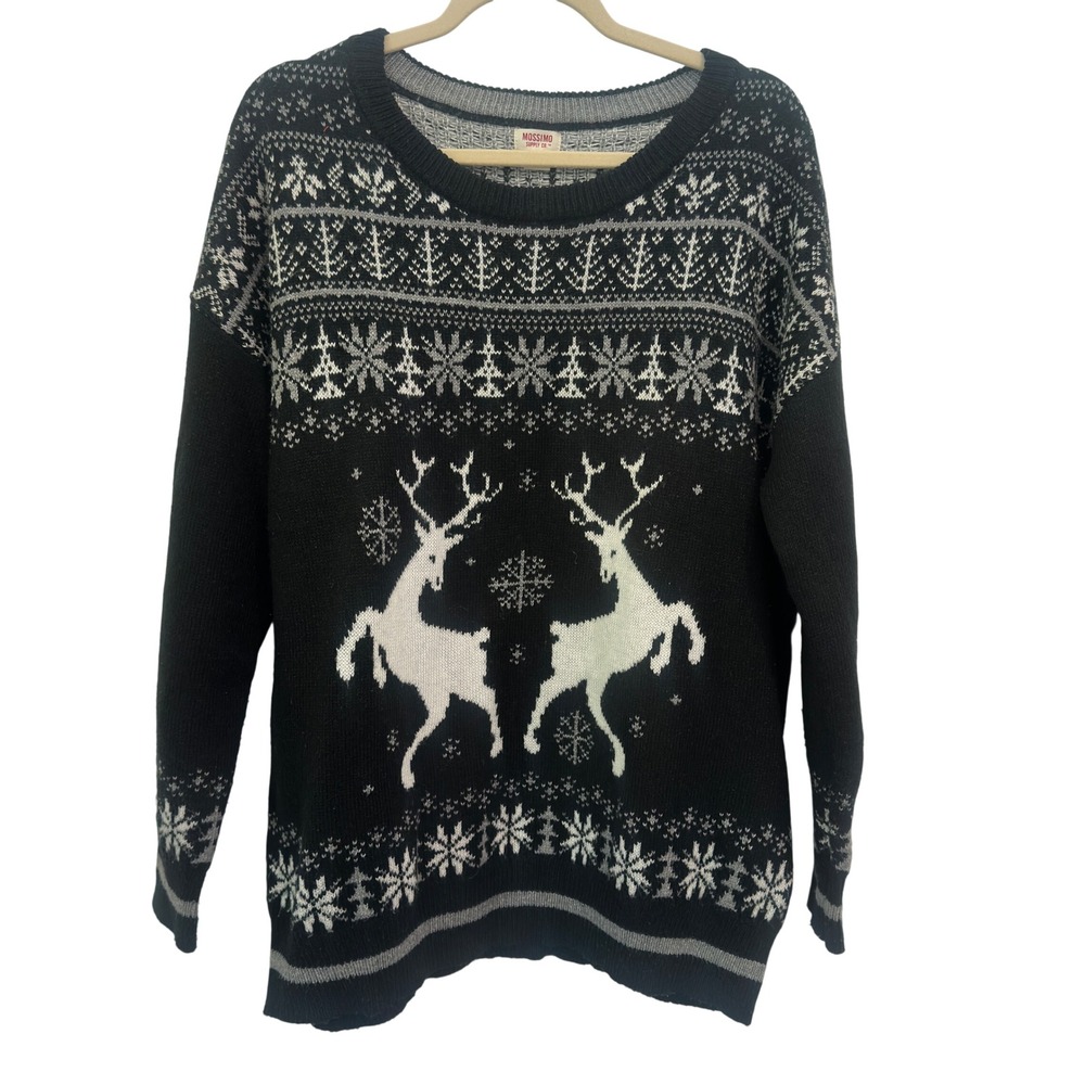 Reindeer Fair Isle Sweater Black White Grey Size L Nordic Holiday Apres Ski